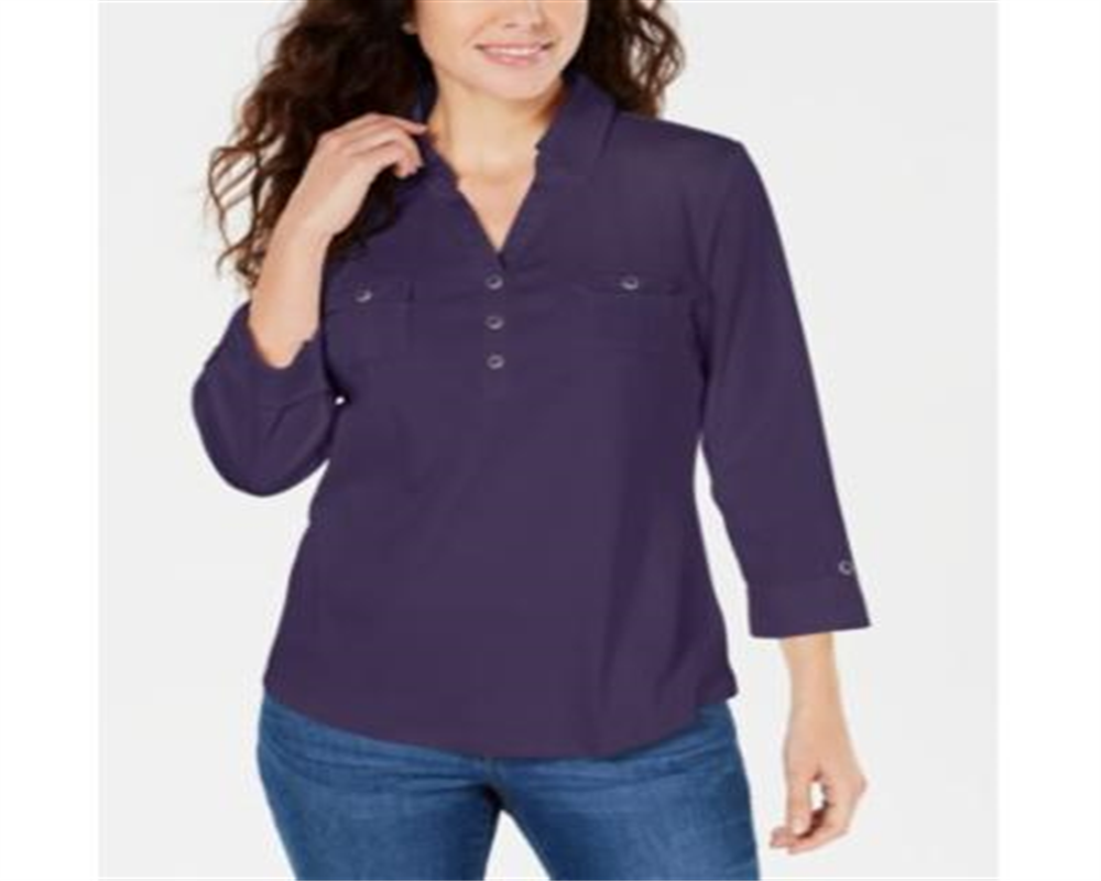 Karen Scott Women's Cotton Johnny Collar Utility Shirt Purple Size X-Small