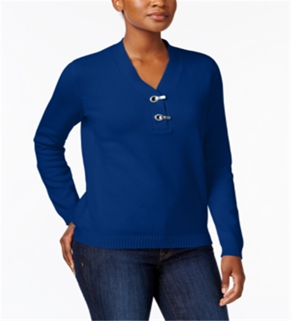Karen Scott Women's Cotton Toggle Henley Sweater Blue Size Petite L