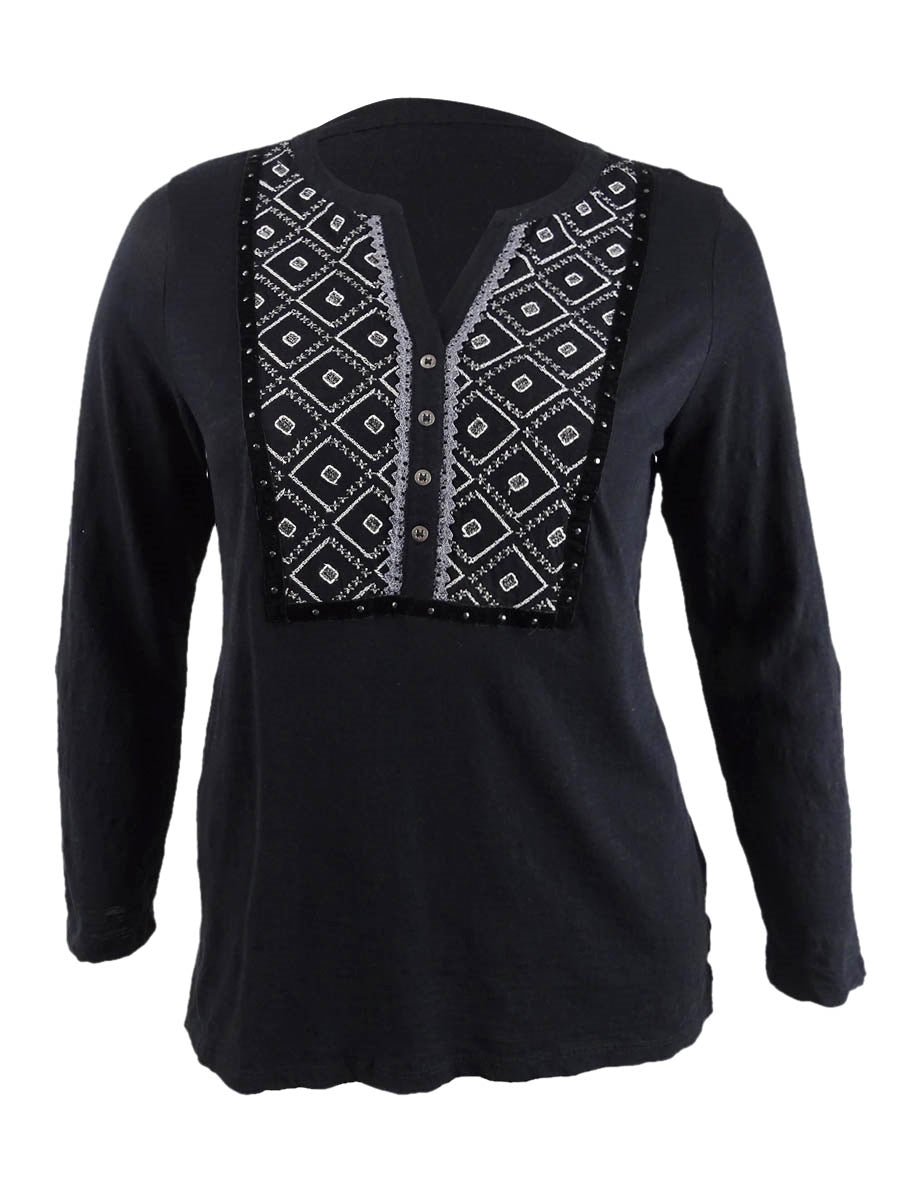 Style & Co Women's Printed Roll Tab Sleeve Top Black Size Petite P