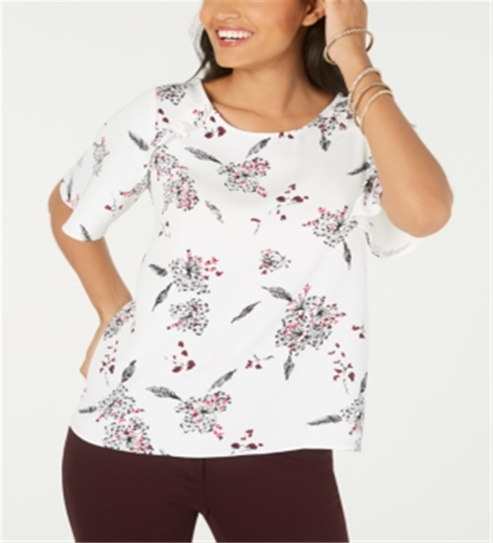 Alfani Women's Printed Ruffle Trim Top White Size Petite L