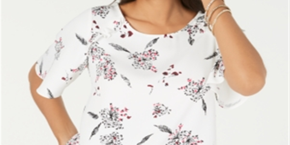 Alfani Women's Printed Ruffle Trim Top White Size Petite L