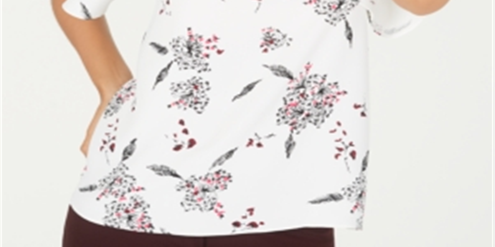 Alfani Women's Printed Ruffle Trim Top White Size Petite L