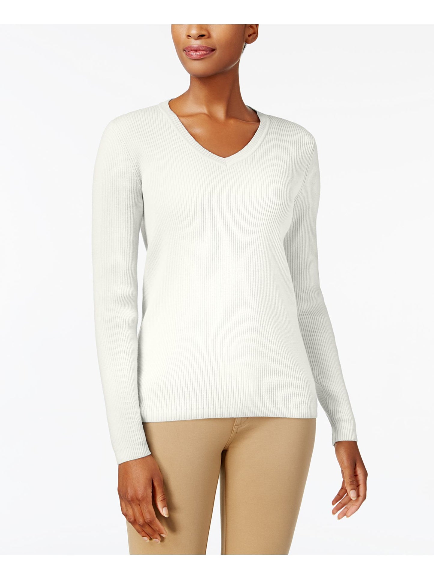 Karen Scott Women's Textured Pinstripe Long Sleeve V Neck Sweater White Size Petite X-Large