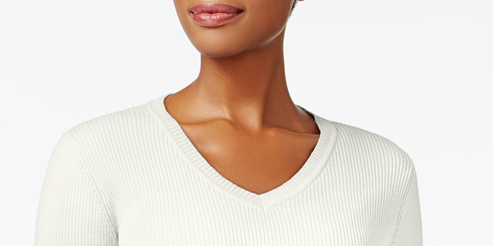 Karen Scott Women's Textured Pinstripe Long Sleeve V Neck Sweater White Size Petite X-Large