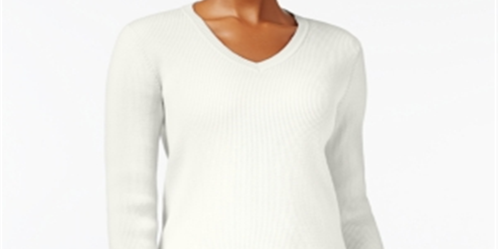Karen Scott Women's Textured Pinstripe Long Sleeve V Neck Sweater White Size Petite X-Large