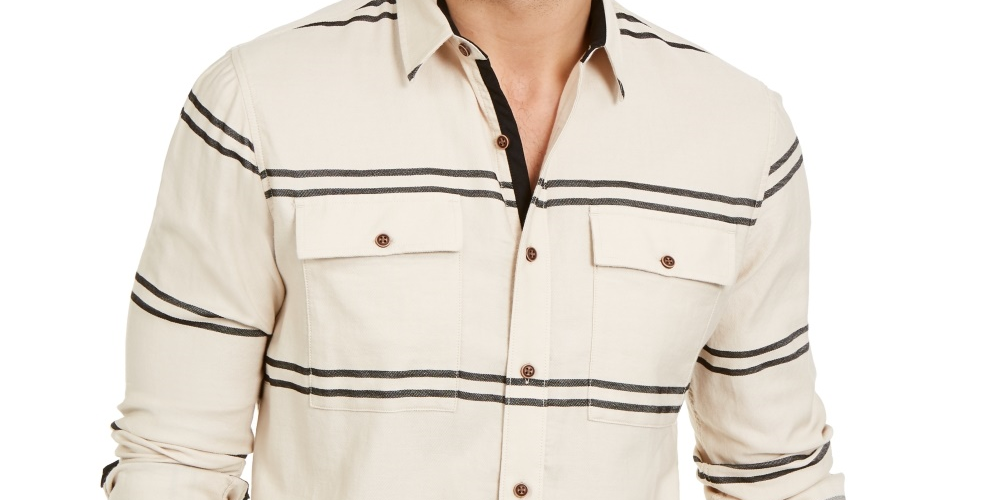Sun + Stone Men's Ivan Stripe Shirt Beige Size XX-Large