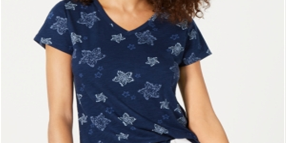Style & Co Women's Printed V Neck T-Shirt Blue Size -Petite L