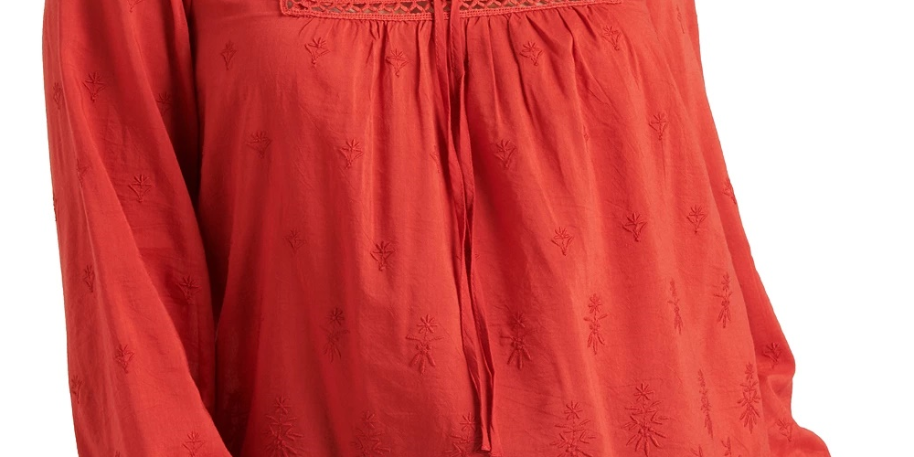 लकी ब्रांड विमेन कोरा पिंटक एम्ब्रॉइडर्ड आईलेट पीज़ेंट ब्लाउज़ रेड साइज़ मीडियम