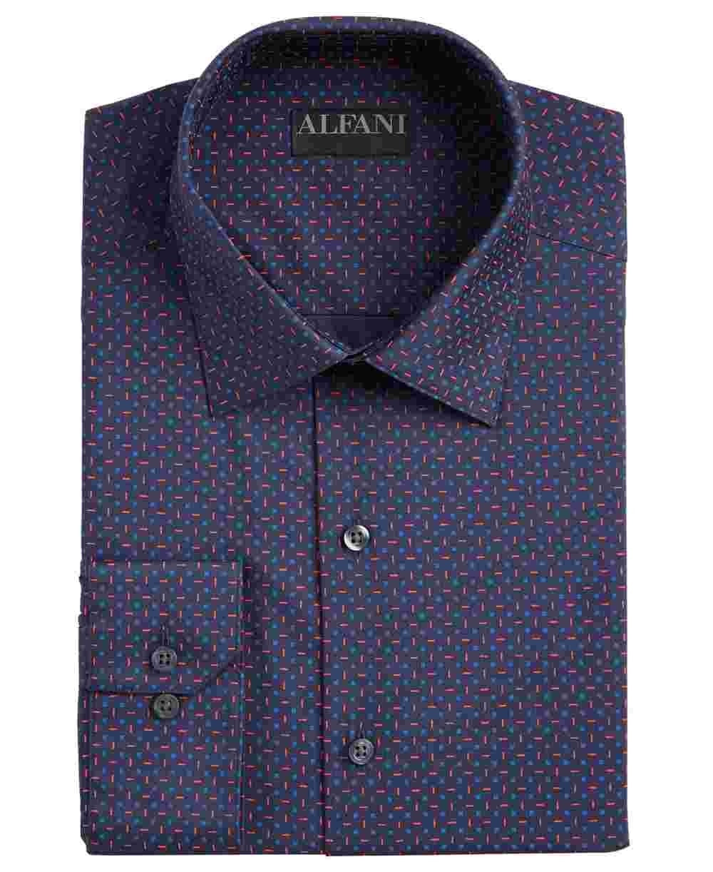Alfani Men's Printed Collared Slim Fit Stretch Dress Shirt Navy Size 15.5X34-35