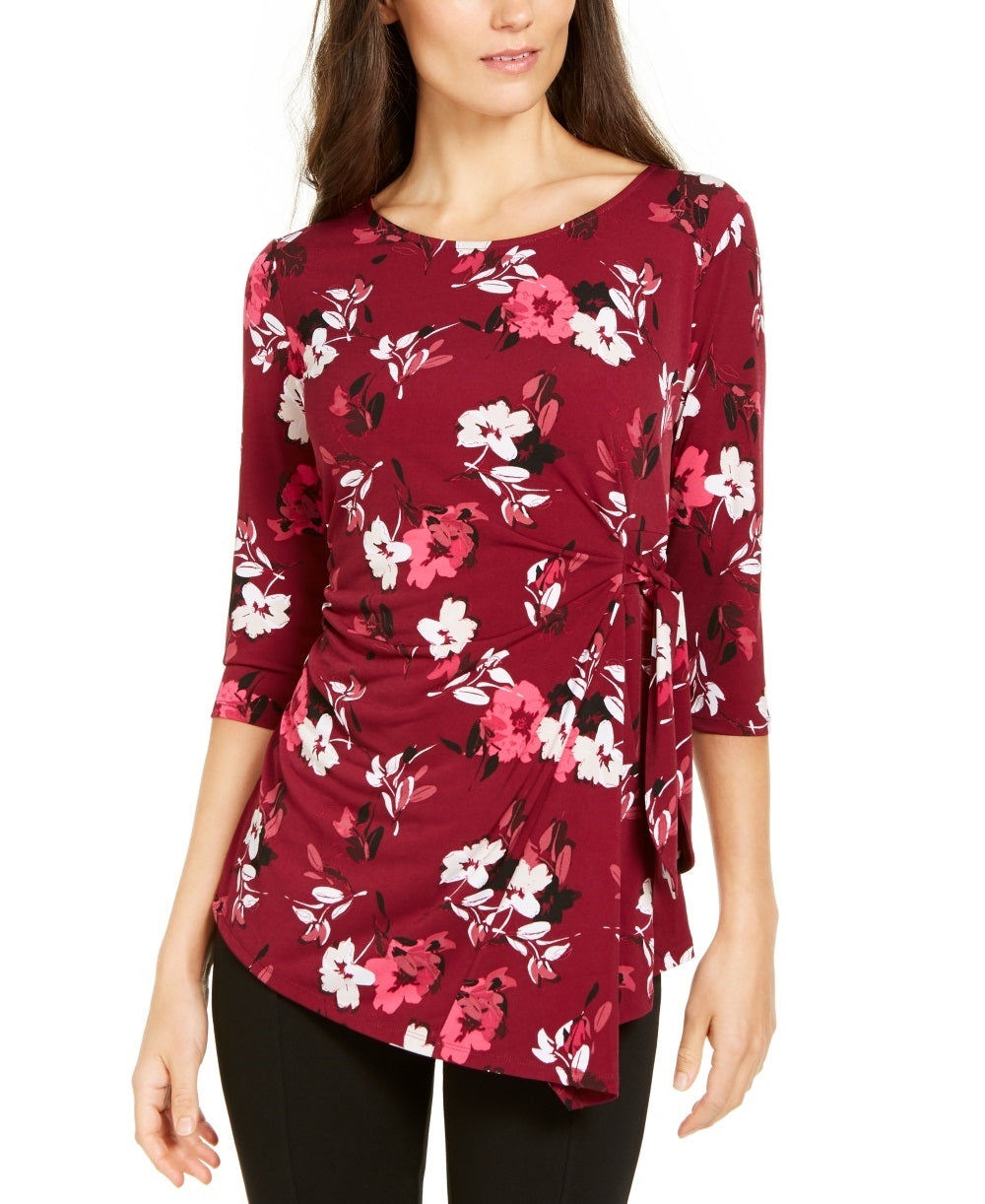 Alfani Women's Petite Printed Side-Tie Top Red Size Small