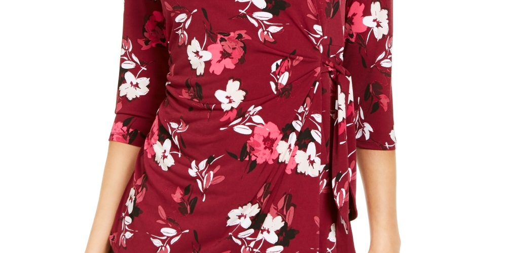Alfani Women's Petite Printed Side-Tie Top Red Size Small