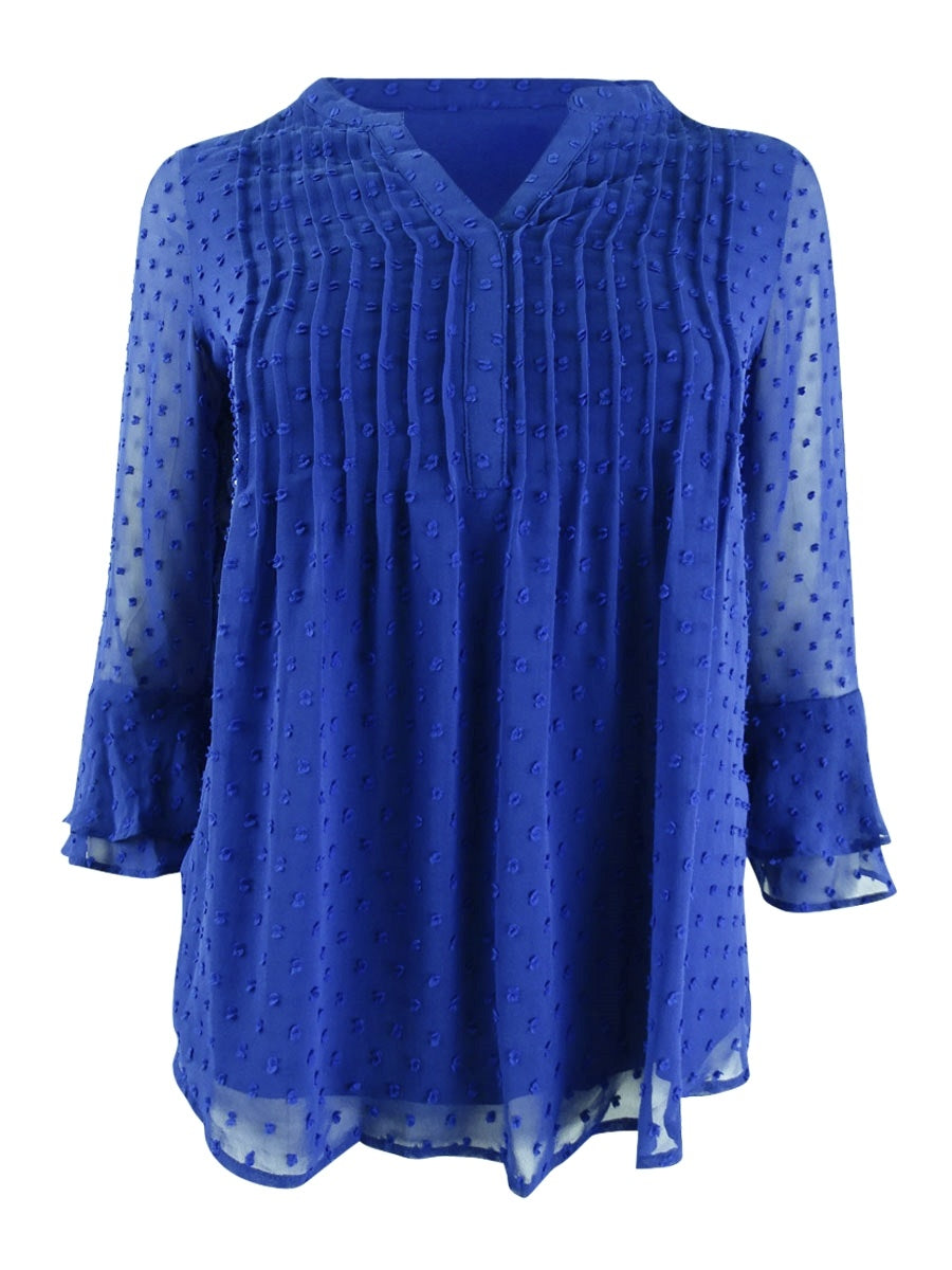 चार्टर क्लब वीमेंस डबल रफ़ल टेक्सचर्ड पिनटक टॉप ब्लू साइज़ पेटीट एक्स-लार्ज