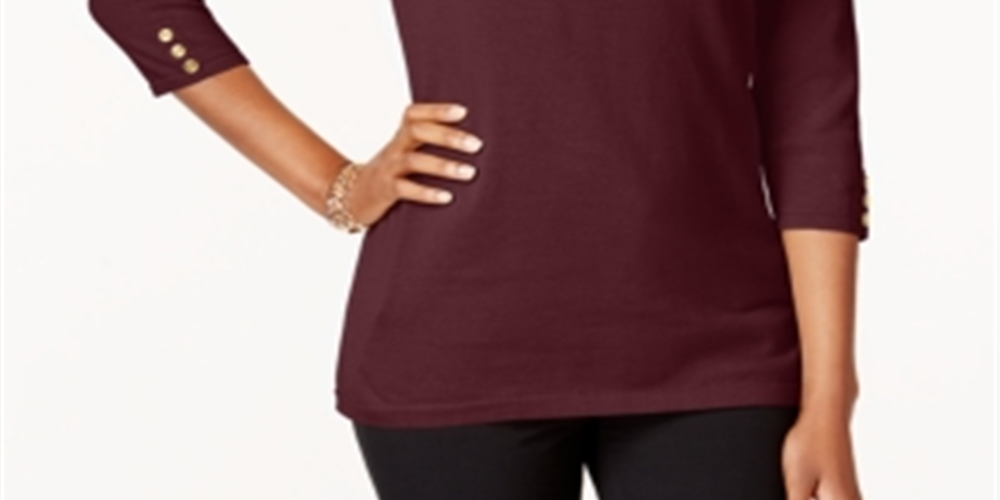 Karen Scott Women's Cotton Button Trim Sweater Maroon Size Petite S
