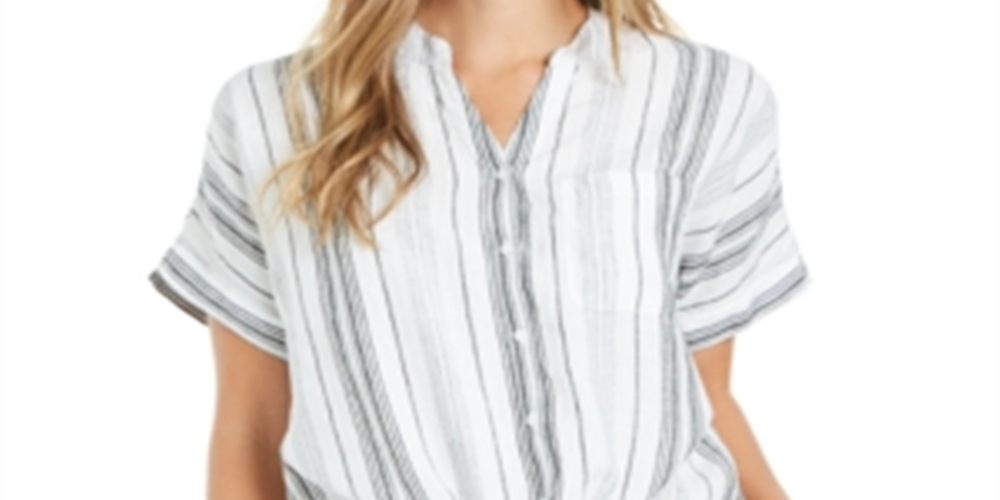 Charter Club Women's Linen Striped Tie Top White Size 2XL