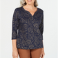 Karen Scott Women's Leaf-Print 3/4 Sleeve Top Blue Size Petite Large