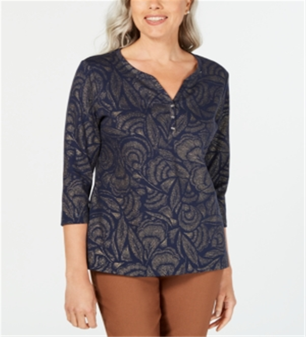 Karen Scott Women's Leaf-Print 3/4 Sleeve Top Blue Size Petite Large