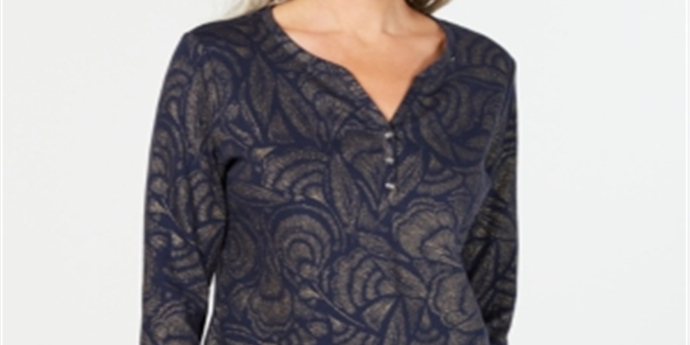 Karen Scott Women's Leaf-Print 3/4 Sleeve Top Blue Size Petite Large