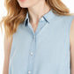 Charter Club Women's Tie hem Sleeveless Point Collar Light Blue Top Size 16