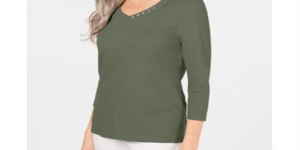 Karen Scott Women's Cotton V Neck Button Trim Top Green Size Large