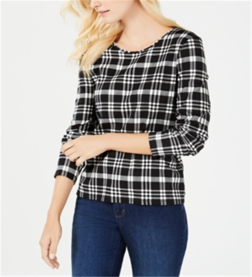 Charter Club Women's Cotton Plaid Top Black Size X-Small