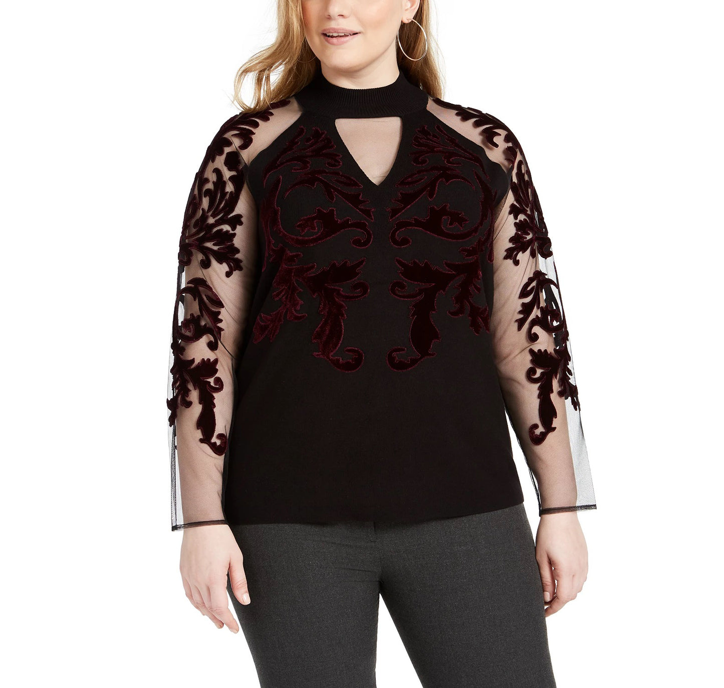 INC International Concepts Women's Velvet Flocked Mesh Sleeve Sweater Black Size 1X