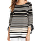 Charter Club Women's Striped Tie Sleeve Top Black Size PM