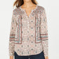 Style & Co Women's Boho Printed Henley Top Beige Size Small