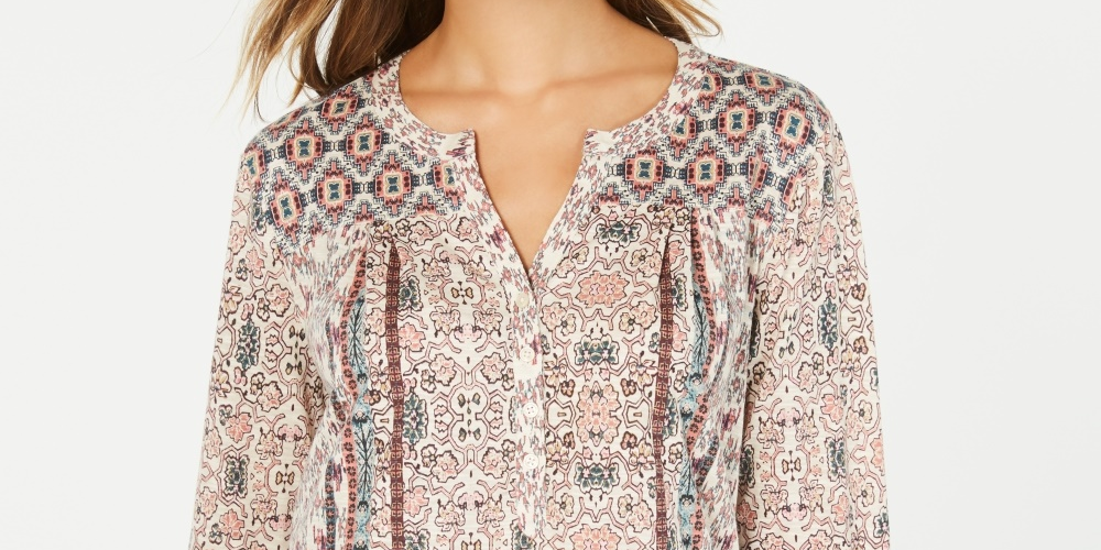 Style & Co Women's Boho Printed Henley Top Beige Size Small