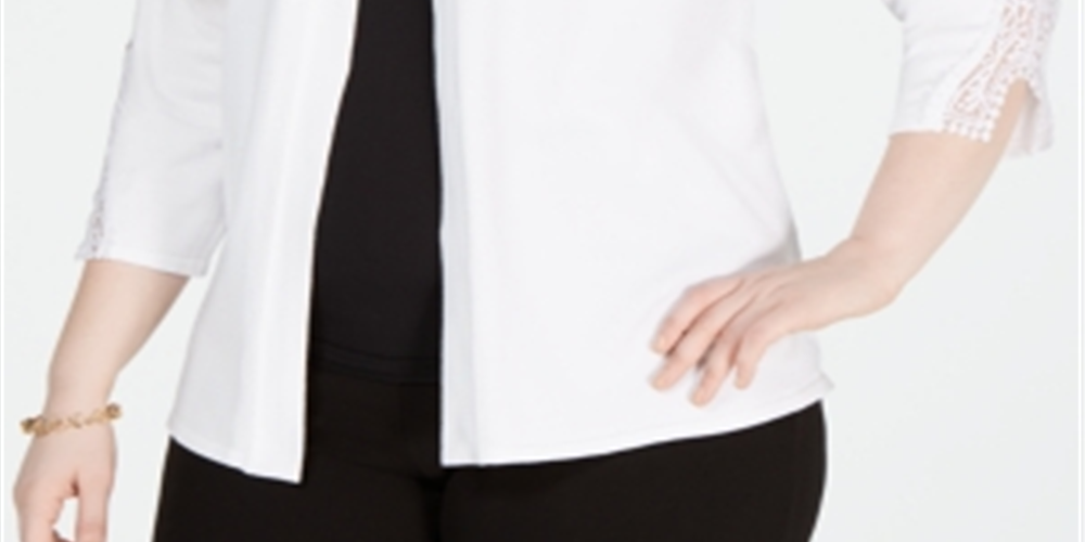 JM Collection Women's Plus Crochet Trim Cardigan White Size 0X