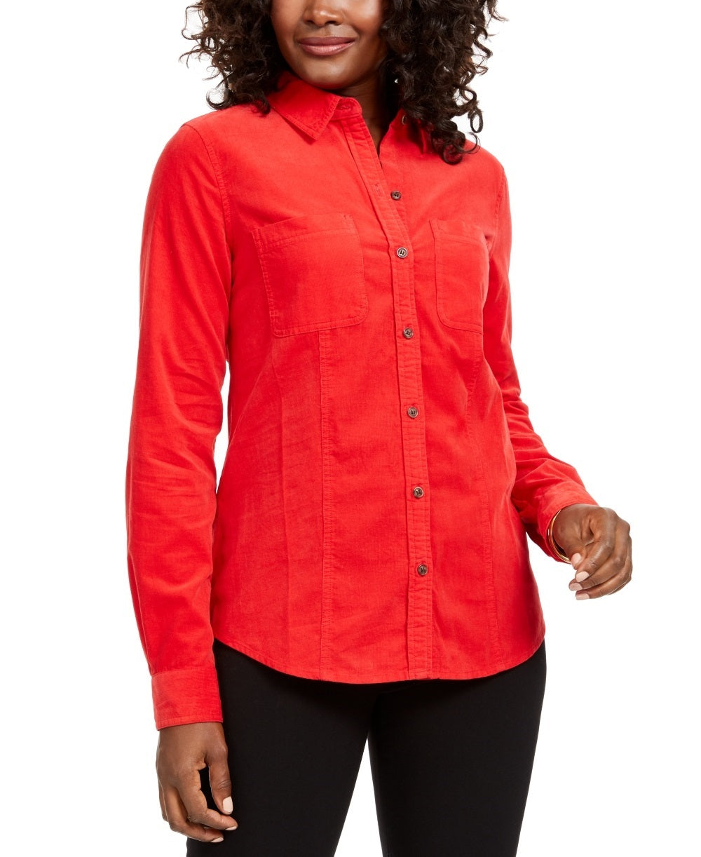 Charter Club Women's Button Down Cotton Corduroy Shirt Red Size Petite Small
