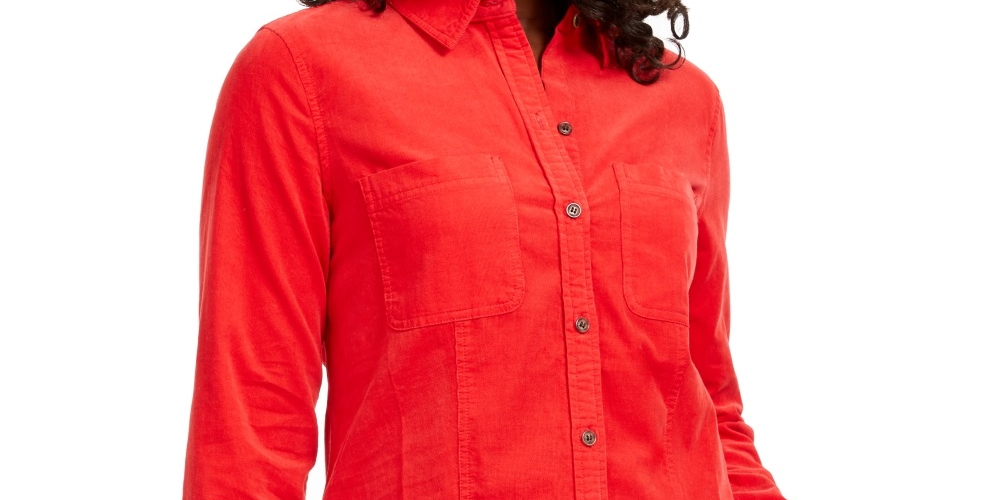 Charter Club Women's Button Down Cotton Corduroy Shirt Red Size Petite Small
