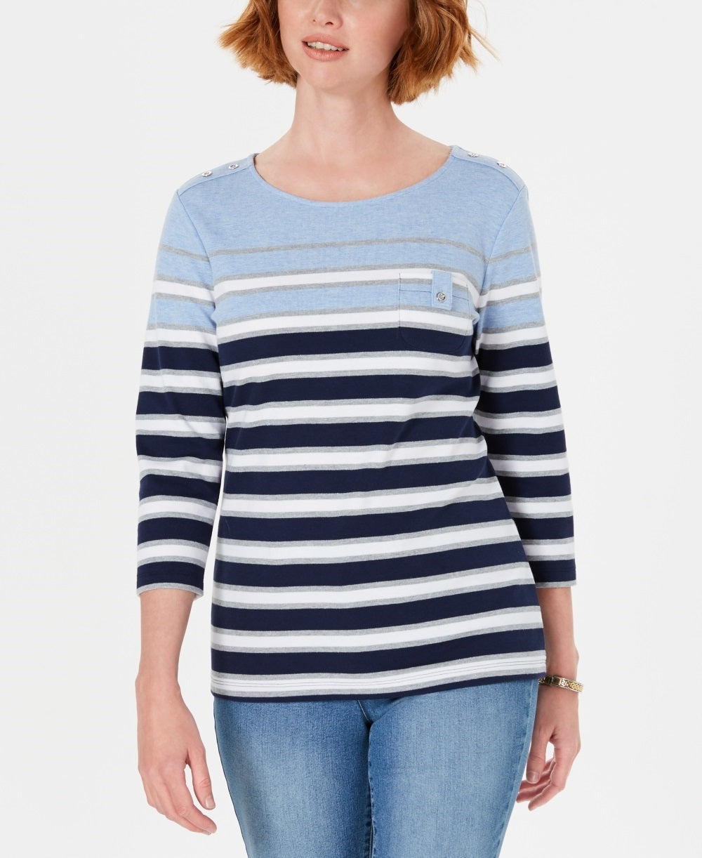 Karen Scott Women's Serena Striped Pocket Top Blue Size Petite Medium