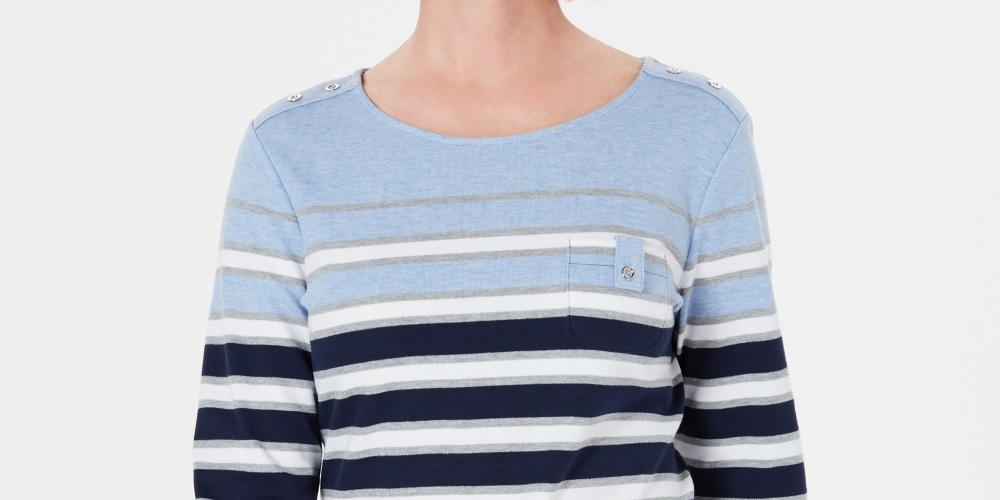 Karen Scott Women's Serena Striped Pocket Top Blue Size Petite Medium