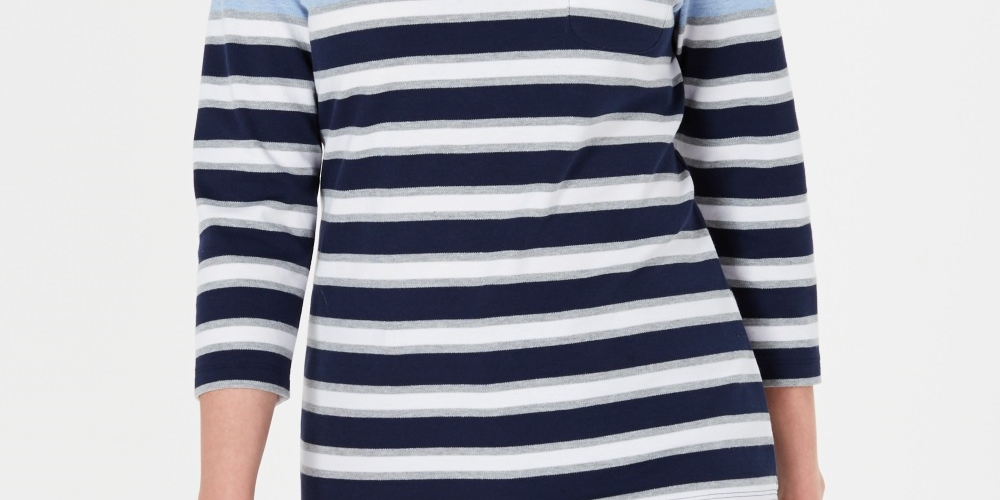 Karen Scott Women's Serena Striped Pocket Top Blue Size Petite Medium