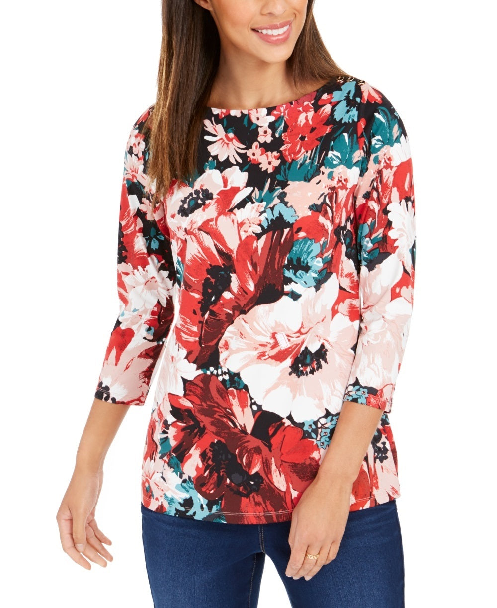 Charter Club Women's Floral Print Boat Neck Top Red Size Small