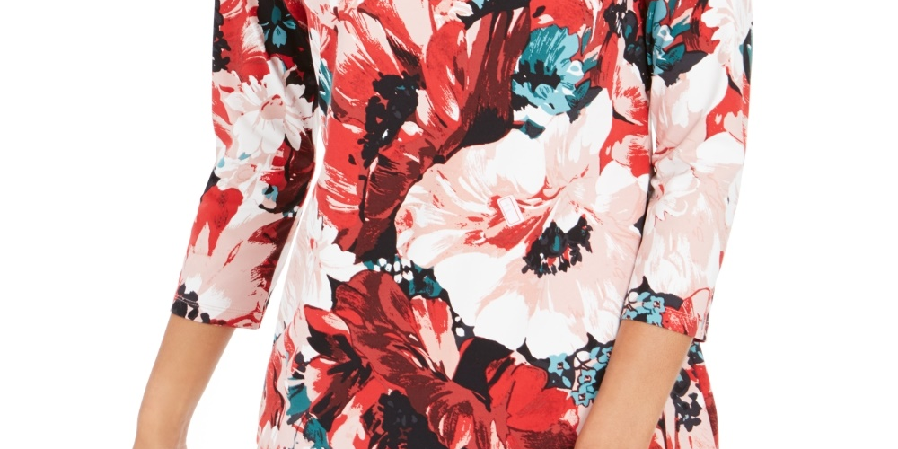 Charter Club Women's Floral Print Boat Neck Top Red Size Small