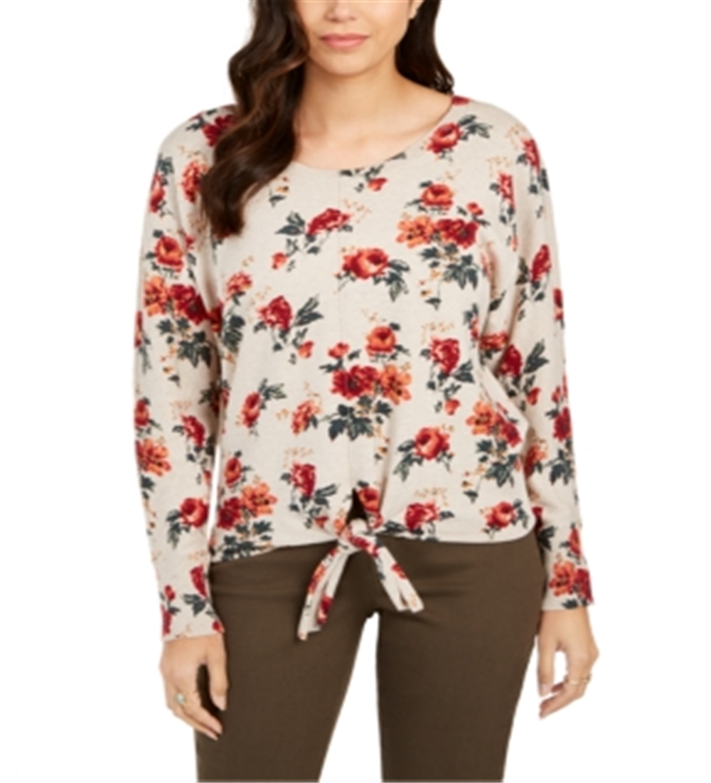 Style & Co Women's Floral Print Tie Front Sweater-Tan Floral Size Medium