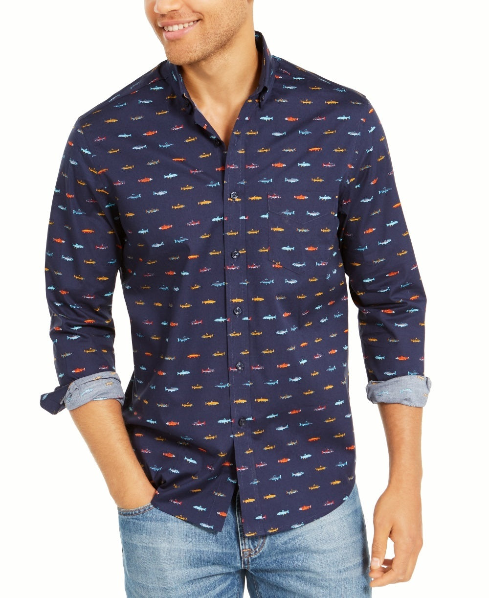 Club Room Men's Regular Fit Performance Stretch Fish Print Shirt Blue Size Small