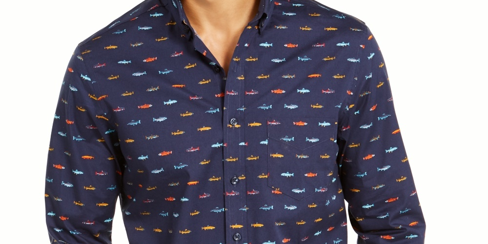 Club Room Men's Regular Fit Performance Stretch Fish Print Shirt Blue Size Small