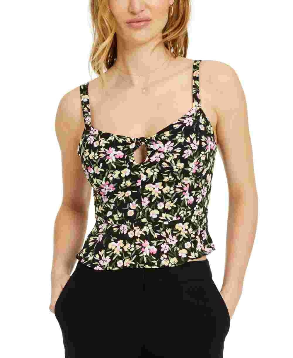 Bar III Women's Blouse Floral Smocked Back Cropped Top Black Size X-Small