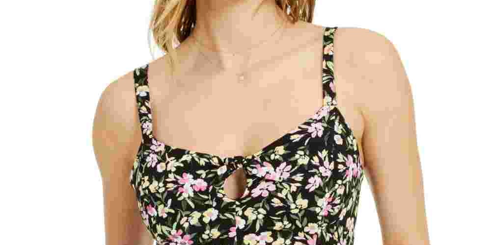Bar III Women's Blouse Floral Smocked Back Cropped Top Black Size X-Small
