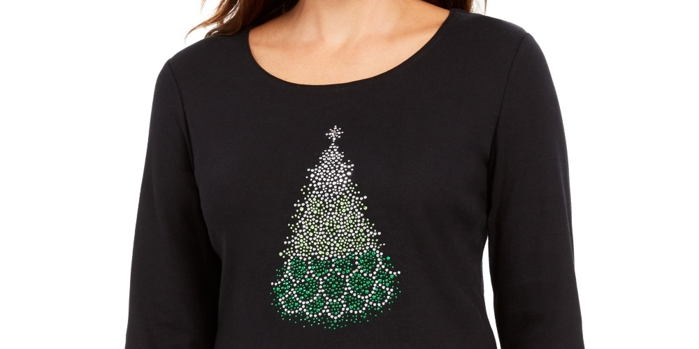 Karen Scott Women's Cotton Holiday Print T Shirt Black Size Small