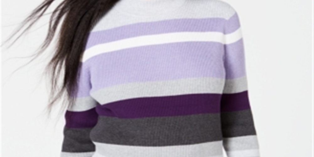 Karen Scott Women's Cotton Striped Ribbed Sweater Purple Size Petite Large