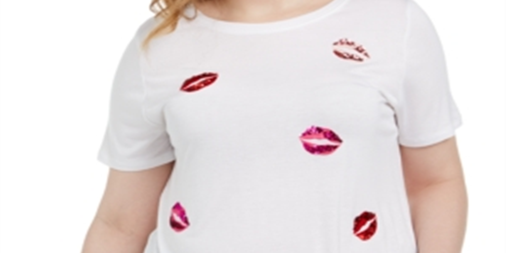 INC International Concepts Women's Plus Sequin Lips Top White Size 0X