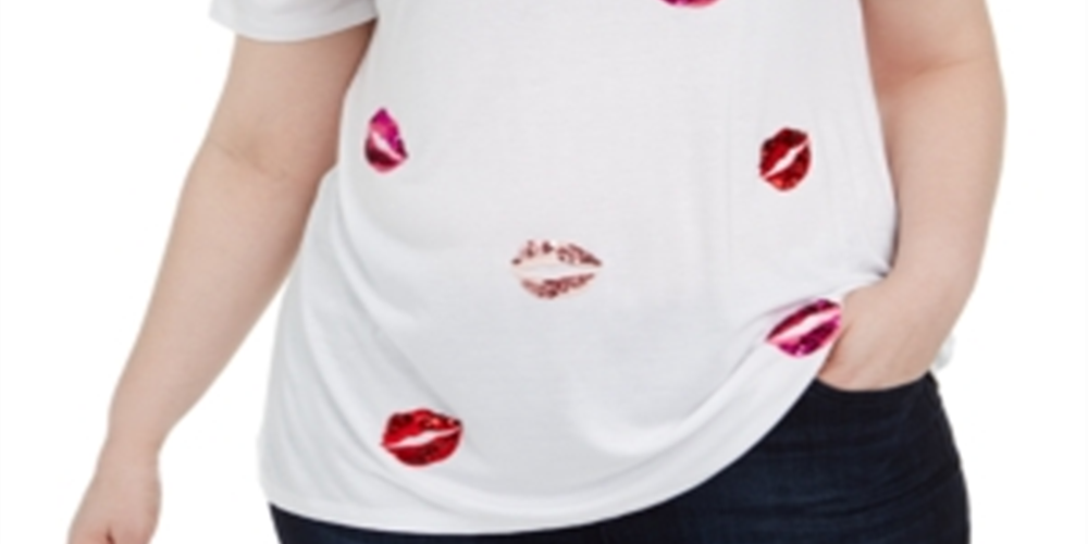 INC International Concepts Women's Plus Sequin Lips Top White Size 0X