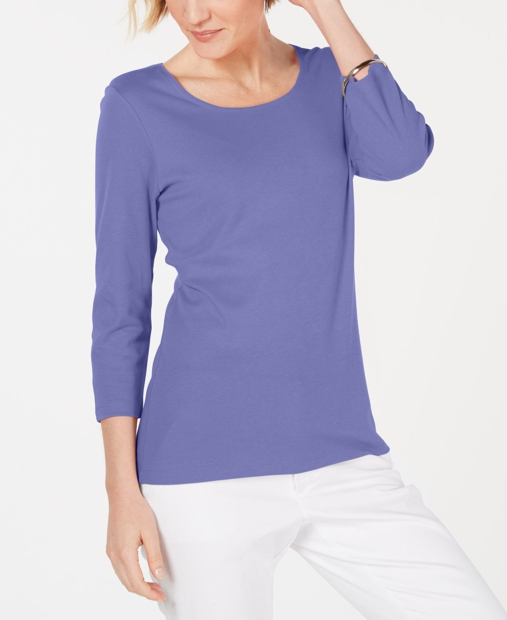 Karen Scott Women's Petite Cotton Scoop-Neck Top Purple Size PM