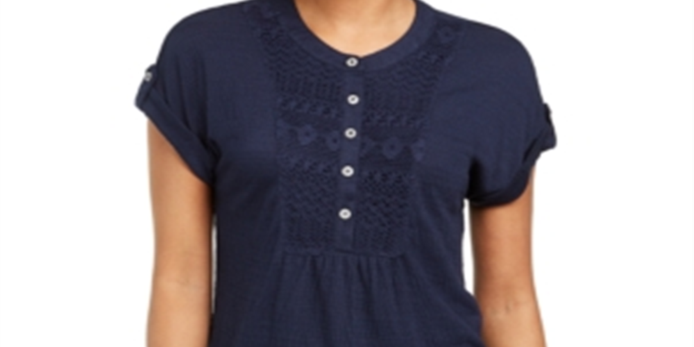Style & Co Women's Crochet Bib Textured Top Blue Size XX-Large