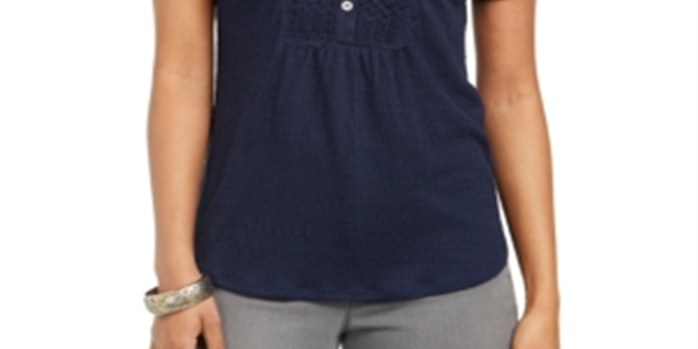 Style & Co Women's Crochet Bib Textured Top Blue Size XX-Large