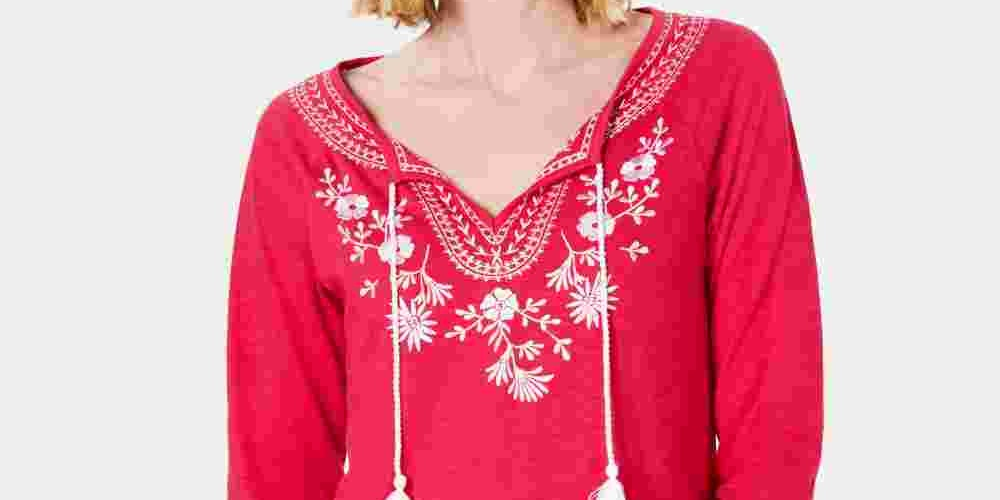 Charter Club Women's Cotton Embroidered Tunic  Dark Pink Size Medium
