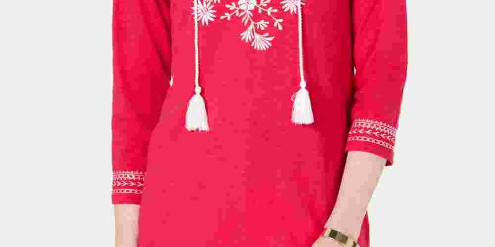 Charter Club Women's Cotton Embroidered Tunic  Dark Pink Size Medium